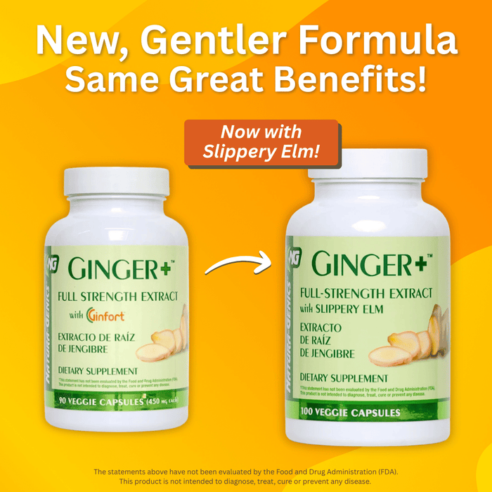 Two supplement bottles labeled GINGER+ shown on a bright yellow-orange background with promotional text. The left bottle reads 'Full Strength Extract with Ginfort' and the right bottle reads 'Full-Strength Extract with Slippery Elm. New Formula.