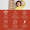 Child standing next to a height chart with health benefits listed on a red background.