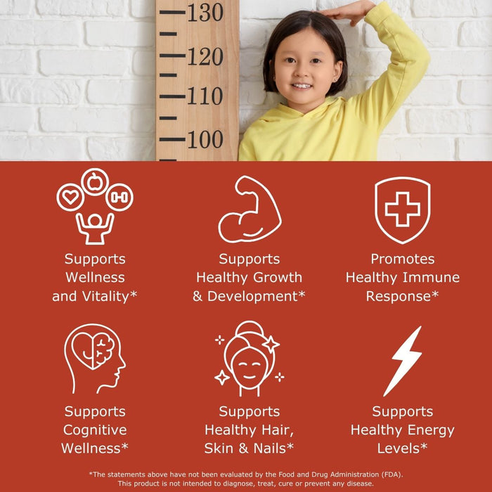 Child standing next to a height chart with health benefits listed on a red background.