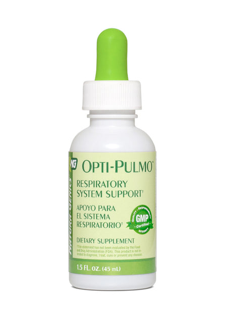 A bottle of Natura-Genics Opti-Pulmo Respiratory System Support liquid supplement with a green dropper.