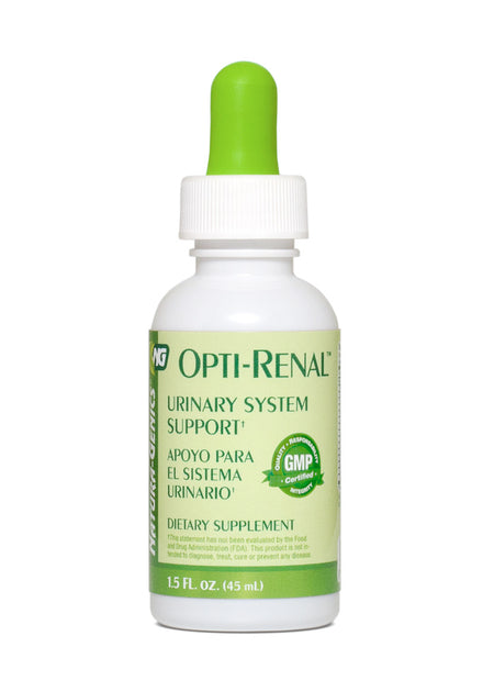 Bottle of Opti-Renal Urinary System Support supplement by Natura-Genics, with a green dropper.