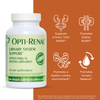 Opti-Renal dietary supplement bottle with label on a white and orange background with benefit icons for urinary support.