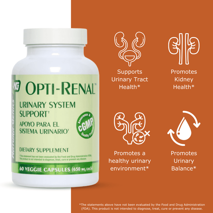 Opti-Renal dietary supplement bottle with label on a white and orange background with benefit icons for urinary support.