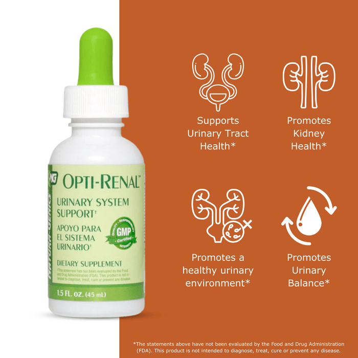 Opti-Renal liquid dietary supplement bottle with label on a white and orange background with benefit icons for urinary support that read supports urinary tract health, promotes kidney health, promotes a healthy urinary environment, promotes urinary balance