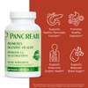 Pancreatic dietary supplement bottle with red background and health benefits icons.
