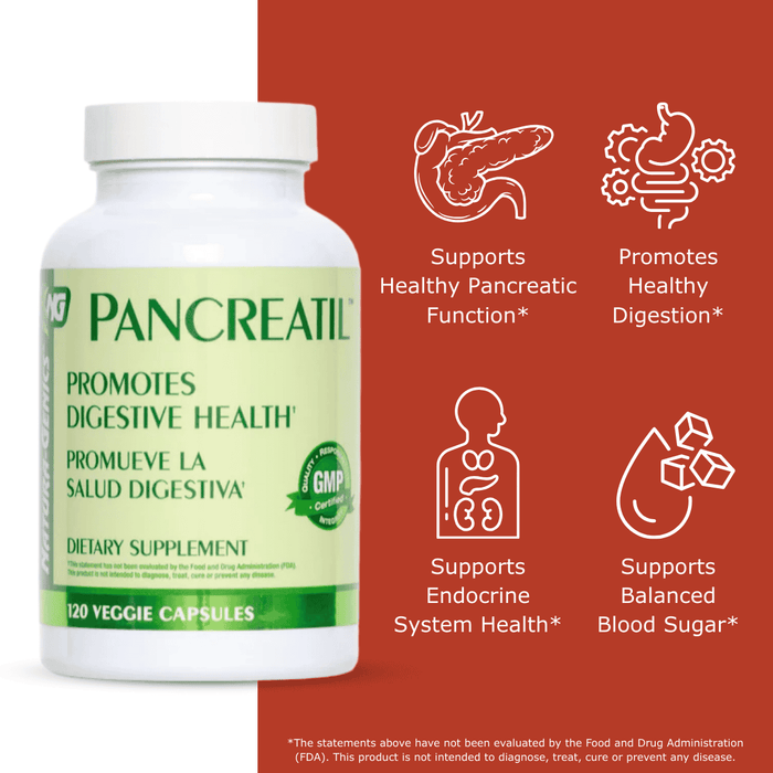 Pancreatic dietary supplement bottle with red background and health benefits icons.
