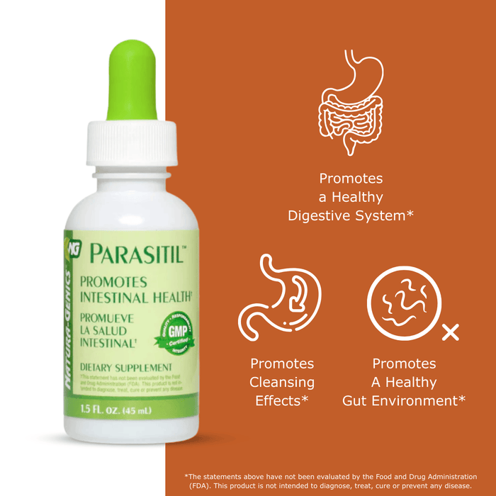 Parasitil dietary supplement bottle with benefit icons that read promotes a healthy digestive system, promotes cleansing effects, and promotes a healthy gut environment.