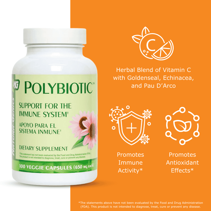 Polybiotic dietary supplement bottle with vitamin C, echinacea, goldenseal, and pau d' arco benefits on an orange background with benefit icons