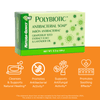 Polybiotic antibacterial soap with benefit icons that read cleanses and supports natural healing, promotes antibacterial activity, supports antifungal activity, and promotes soothing effects.