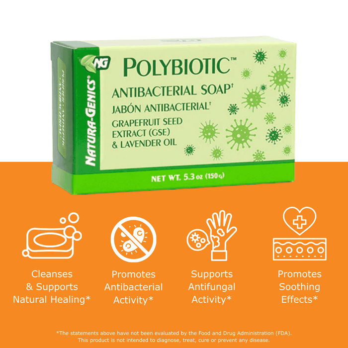 Polybiotic antibacterial soap with benefit icons that read cleanses and supports natural healing, promotes antibacterial activity, supports antifungal activity, and promotes soothing effects.