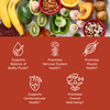 Fruits, vegetables, and legumes rich in potassium with benefit icons- supports balance of bodily fluids, promotes nervous system health, promotes muscle health, supports cardiovascular health, promotes overall wellness 