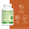 Bottle of Pressure X Supplement with benefit icons, promotes healthy blood pressure, supports healthy blood flow, supports cardiovascular health 