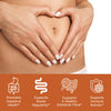 Woman heart shaped hands over her belly with probiotic benefit icons, digestive health, bowel regularity, healthy intestinal flora, immune activity