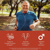 Man running in a park with health benefits text overlay that read supports prostate function and health, supports urinary flow and health, and supports men's wellness.