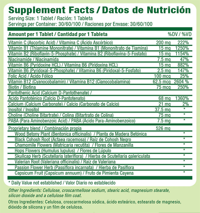 Supplement Facts for Relax+ Supplement