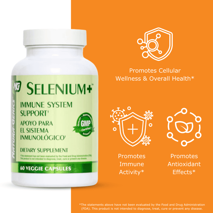 Supplement bottle labeled 'Selenium+' with health benefits on an orange background