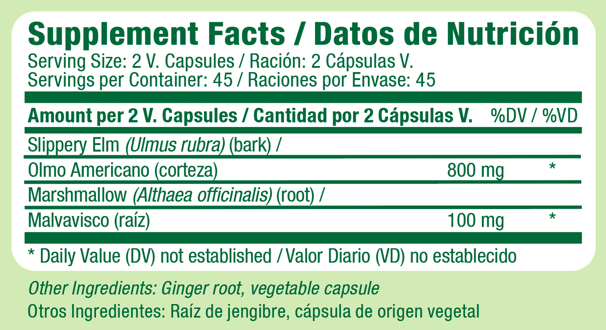 Supplement Facts label for slippery elm and marshmallow root digestive support supplement capsules.