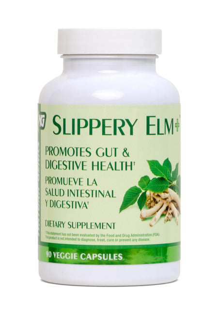 Slippery Elm dietary supplement bottle on a white background for digestive and gut health