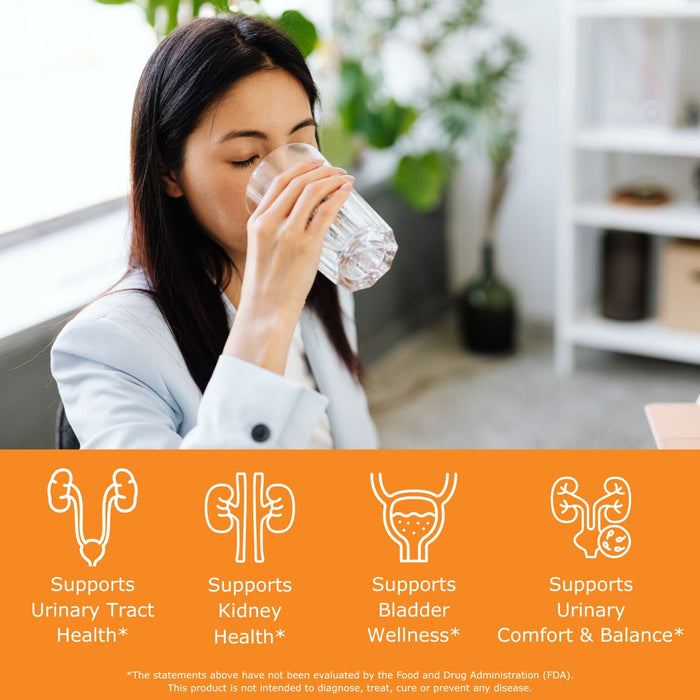 Woman drinking water with health benefits text overlay that read supports urinary tract health, supports kidney health, supports bladder wellness, supports urinary comfort and balance.