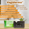 Vagiderma Soap with benefit icons all natural ingredients, promotes anti fungal activity, soothing ingredients, balanced vaginal pH, reproductive health, inhibits odor causing bacteria