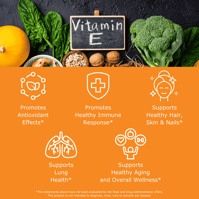 Vitamin E sign surrounded by seeds and vegetables with benefit icons that include promotes antioxidant effects, promotes a healthy immune response, supports healthy hair, skin, and nails, supports lung health, and support overall wellness.