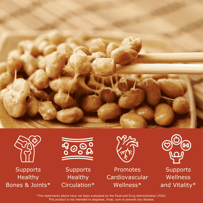 Natto (fermented soy beans) being shown with chopsticks with benefit icons. Benefits include supports healthy bones and joints, healthy circulation, cardiovascular wellness, and overall vitality.