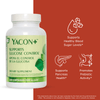 Yacon dietary supplement bottle with label on a red background with benefit icons: Supports healthy blood sugar levels, supports pancreas health, promotes prebiotic activity
