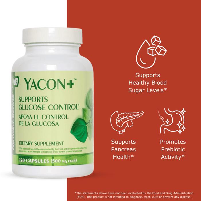 Yacon dietary supplement bottle with label on a red background with benefit icons: Supports healthy blood sugar levels, supports pancreas health, promotes prebiotic activity