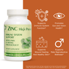 Zinc high potency supplement bottle with benefits listed on an orange background: supports immune system function, promotes vision and eye health, supports wound healing and healthy skin, and supports male reproductive health