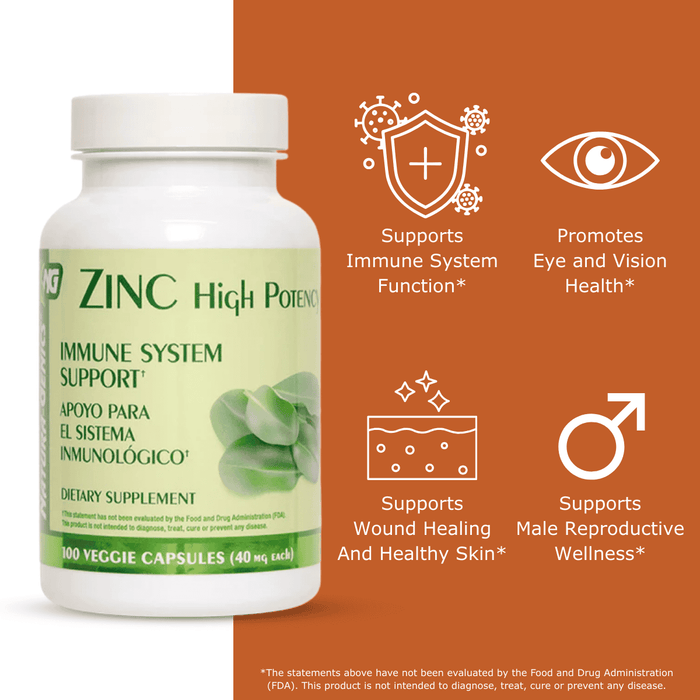 Zinc high potency supplement bottle with benefits listed on an orange background: supports immune system function, promotes vision and eye health, supports wound healing and healthy skin, and supports male reproductive health