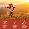 Girl running in field with benefit icons, supports adrenal health, promotes increased energy, supports body's stress response