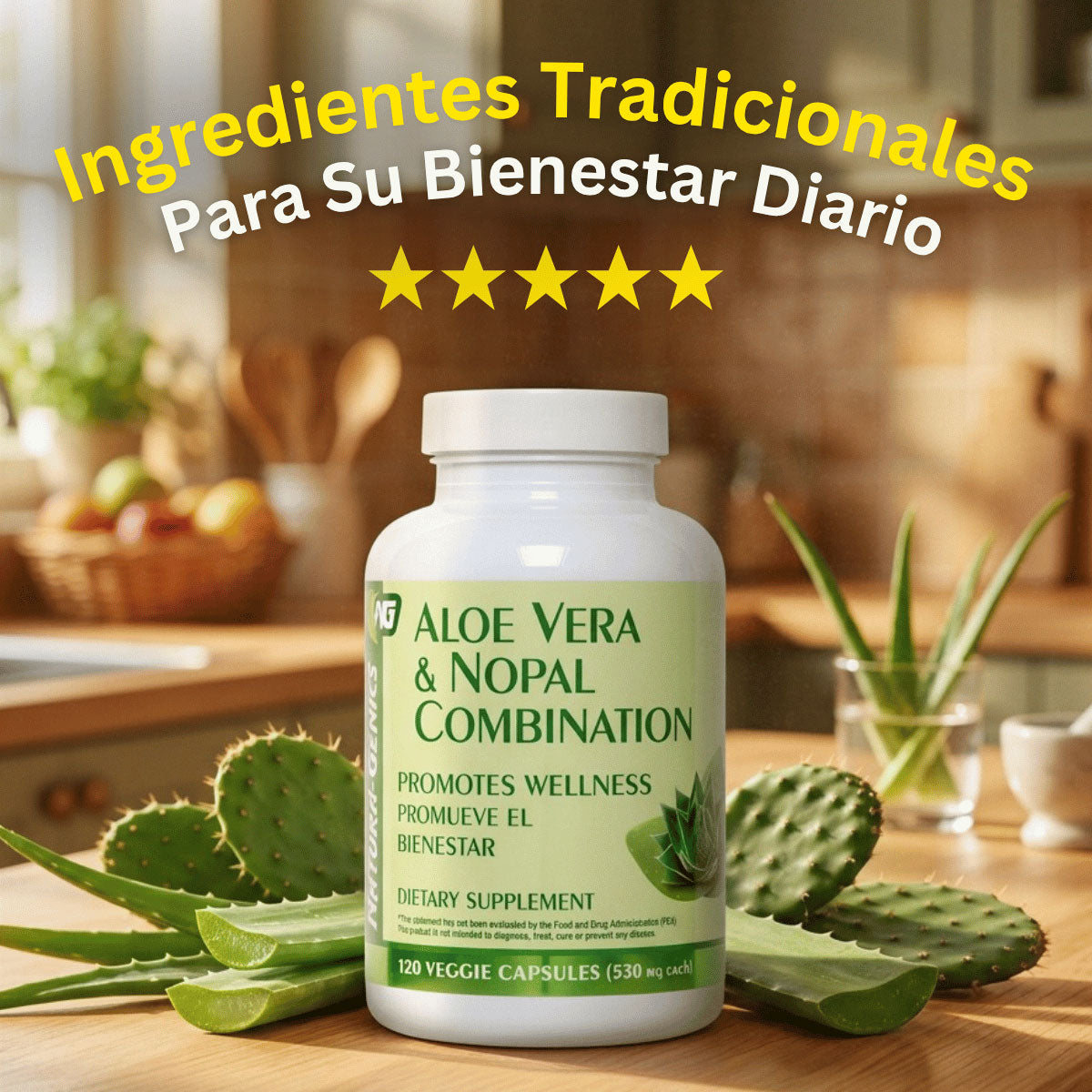 A white bottle of Aloe Vera & Nopal Combination dietary supplement placed on a wooden table, surrounded by fresh aloe vera leaves and cactus pads, with a blurred kitchen background. Spanish promotional text at the top reads 'Ingredientes Tradicionales Para Su Bienestar Diario' with five stars.
