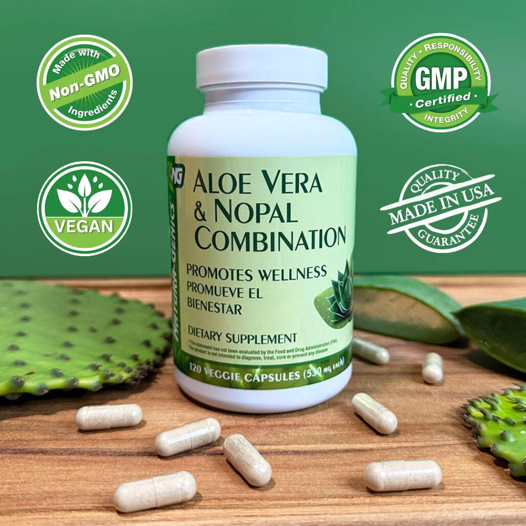Supplement bottle labeled 'Aloe Vera & Nopal Combination' with green background and certification logos.