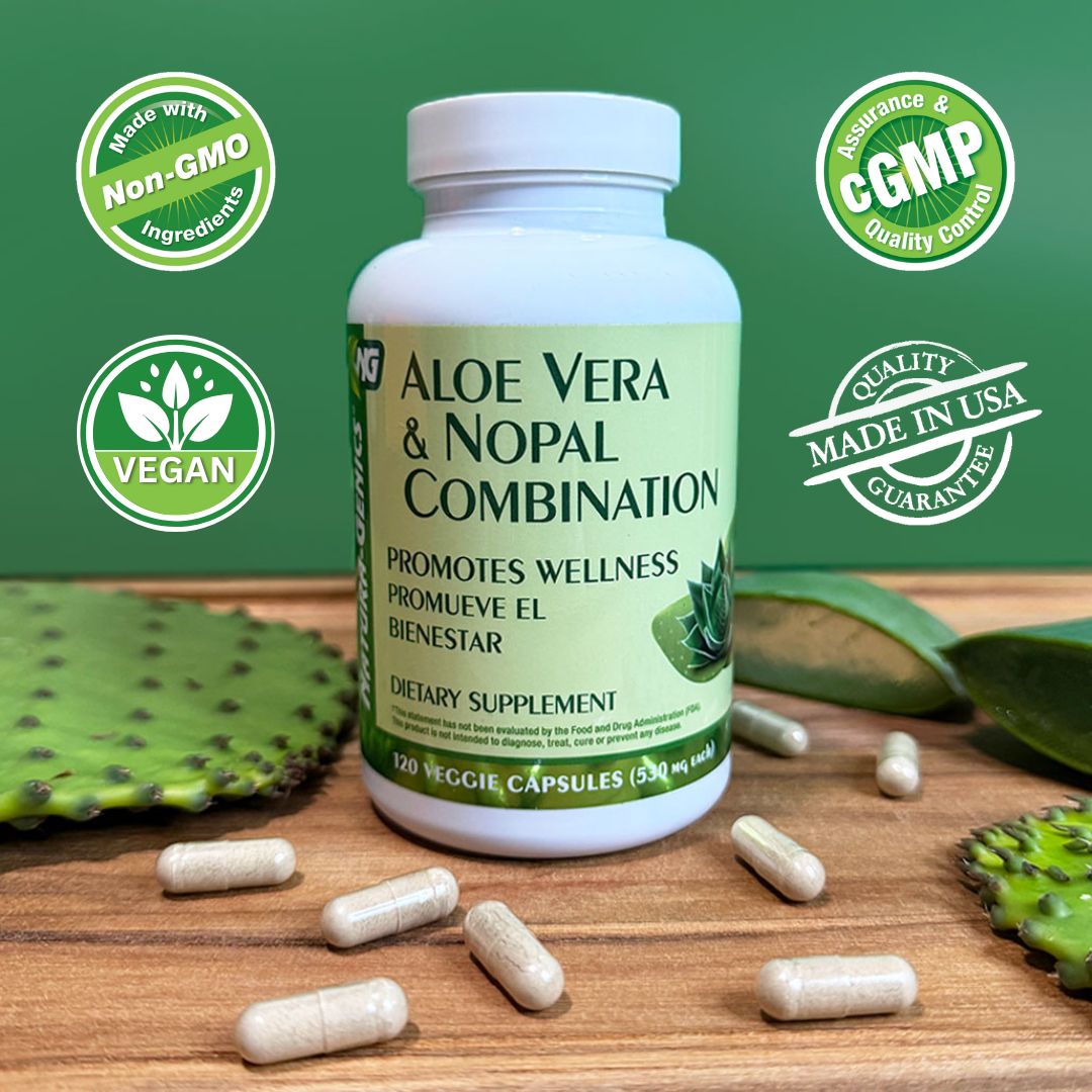 Aloe vera and nopal bottle with cactus and aloe around it product seals non GMO, cGMP, Vegan, 