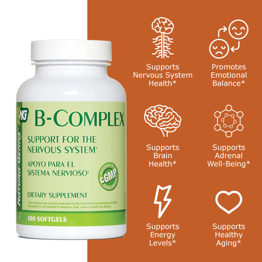 B-complex bottle with benefit icons, supports nervous system health, promotes emotional balance, supports brain health, supports adrenal well-being, supports energy levels, supports healthy aging 