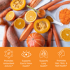 bright orange and red fruits and vegetables rich in beta carotene such as carrots, squash, sweet potato with benefit icons, promotes antioxidant activity, supports eyes and vision, supports lung health, promotes hair skin and nail health