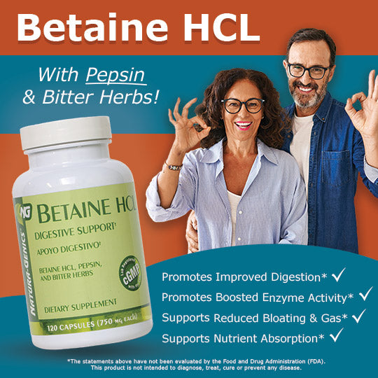 Happy man and woman with bottle of betaine hcl supplement