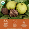 Black walnut hulls surrounded by leaves labeled USDA organic with benefit icons supports anti-parasitic activity, supports antifungal effects, and supports digestive wellness and balance