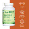 Canker-S bottle with benefit icons, promotes mouth health, supports canker relief and prevention, promotes immune activity