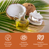 coconut with a bottle of coconut oil with benefit icons, promotes anti-fungal activity, promotes anti-candida activity, support intestinal microbiome health