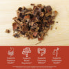 Dried cascara sagrada bark on a wooden surface with health benefits text below reading supports digestive wellness, supports bowel regularity, supports cleansing effects, and supports gallbladder health.