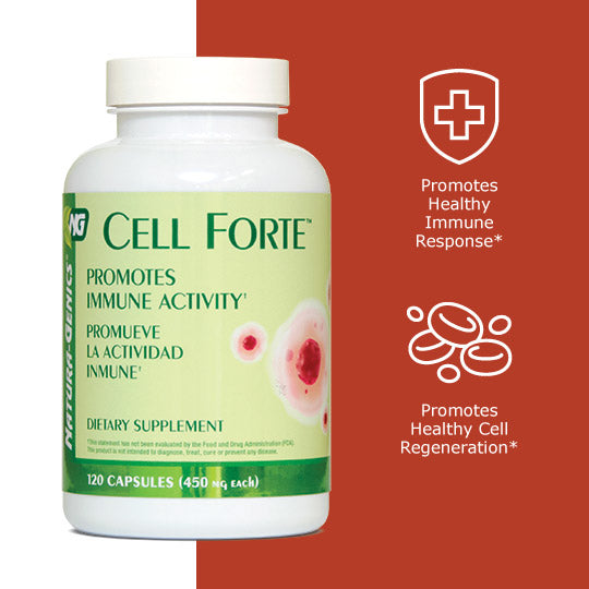 Cell forte bottle with product benefit icons, promotes healthy immune response, supports healthy cell regeneration