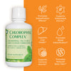 Bottle of Chlorophyll with benefit icons, detox, antioxidant, liver health, blood detox, immune activity, reduced body odor
