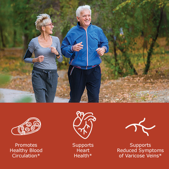 Man and woman running through the park with benefit icons. promotes healthy blood circulation, supports heart health, supports reduced varicose vein symptoms