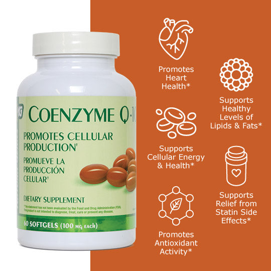 Coenzyme Q10 supplement bottle with benefit icons, promotes heart health, supports cellular energy and health, supports healthy lipid and fat levels, promotes antioxidant activity, supports relief from statin side effects