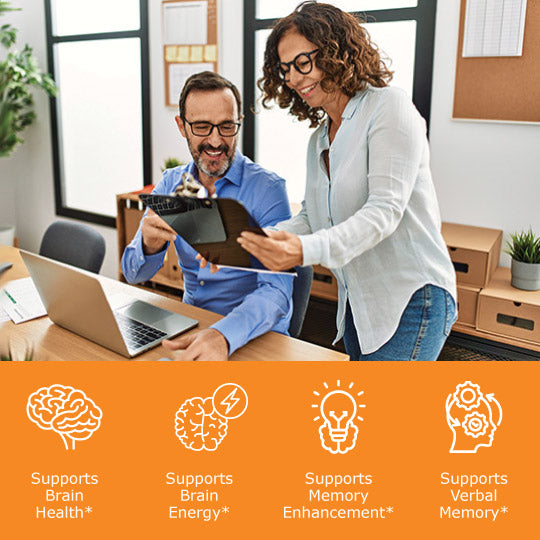 Man and woman at work with cognitive complex benefit icons, brain health, brain energy, memory enhancement, verbal memory