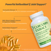 Curcumin Extract dietary supplement bottle with capsules and powder on an orange background, with text highlighting curcumin extract, black pepper extract, cayenne powder, and antioxidant support.