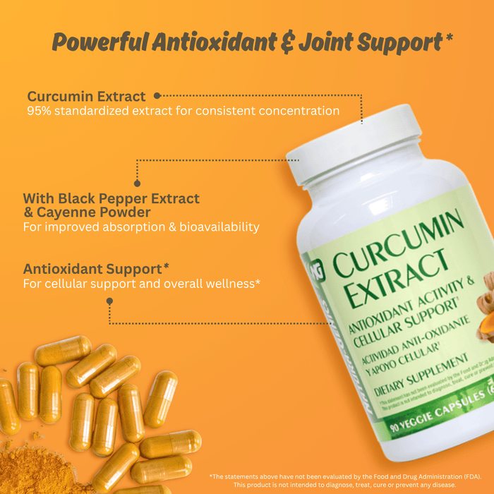 Curcumin Extract dietary supplement bottle with capsules and powder on an orange background, with text highlighting curcumin extract, black pepper extract, cayenne powder, and antioxidant support.