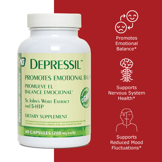 bottle of depressil with benefit icons, promotes emotional balance, supports nervous system health, supports reduced mood fluctuations 