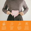 Woman holding picture cutout of digestive system over her stomach with benefit icons, promotes improved digestion, promotes bloat relief, promotes flatulence relief, promotes reduce digestive discomfort